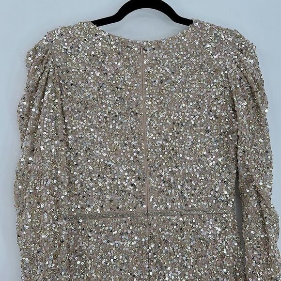 Mac Duggal Shimmering Gold Puff Shoulder Sequined Surplice Gown Dress Size 6 - Picture 5 of 10
